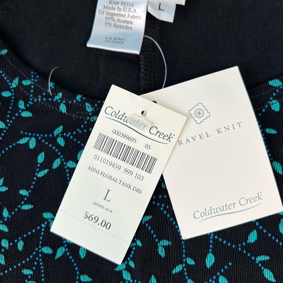 Coldwater Creek Black Mini Floral Tank Sleeveless Dress Travel Knit Size L - Picture 3 of 4